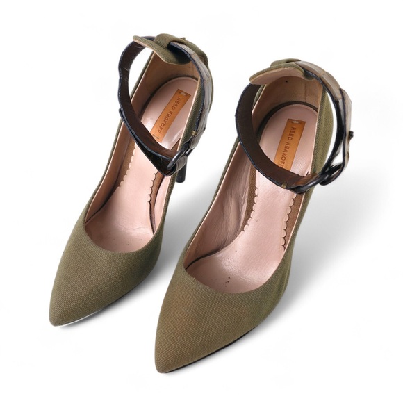 Reed Krakoff Olive Green Canvas Pointed-Toe Pumps with Embossed Leather Ankle... - Picture 2 of 5